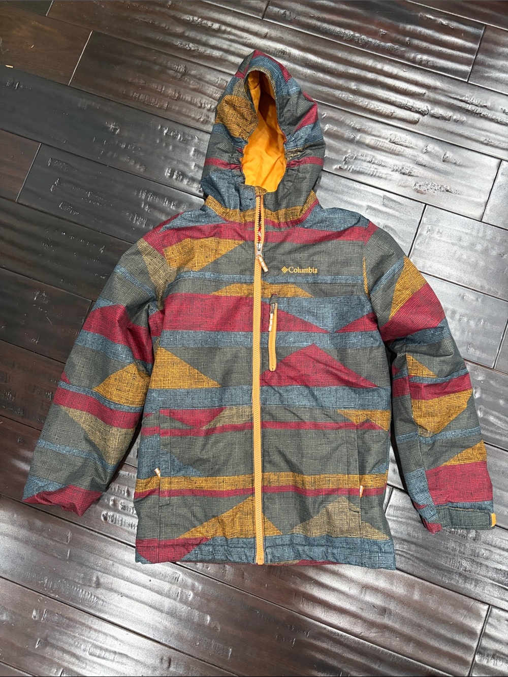 Columbia Boys' Striped Hooded Puffer Jacket in Red, Yellow & Gray